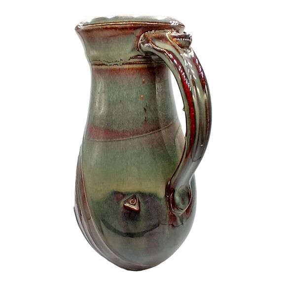 Vintage Studio Pottery Pitcher Green Brown Glaze, Signed, Applied Handle, Flaw - Picture 2 of 10
